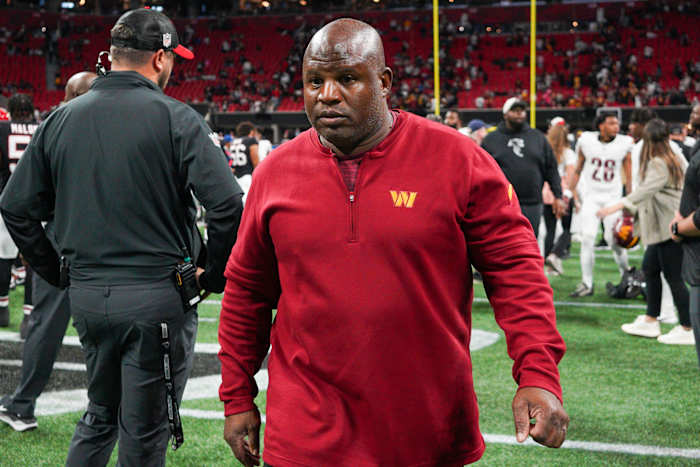 Oct 15, 2023; Atlanta, Georgia, USA; Washington Commanders offensive coordinator Eric Bieniemy after a game against the Atlanta Falcons at Mercedes-Benz Stadium